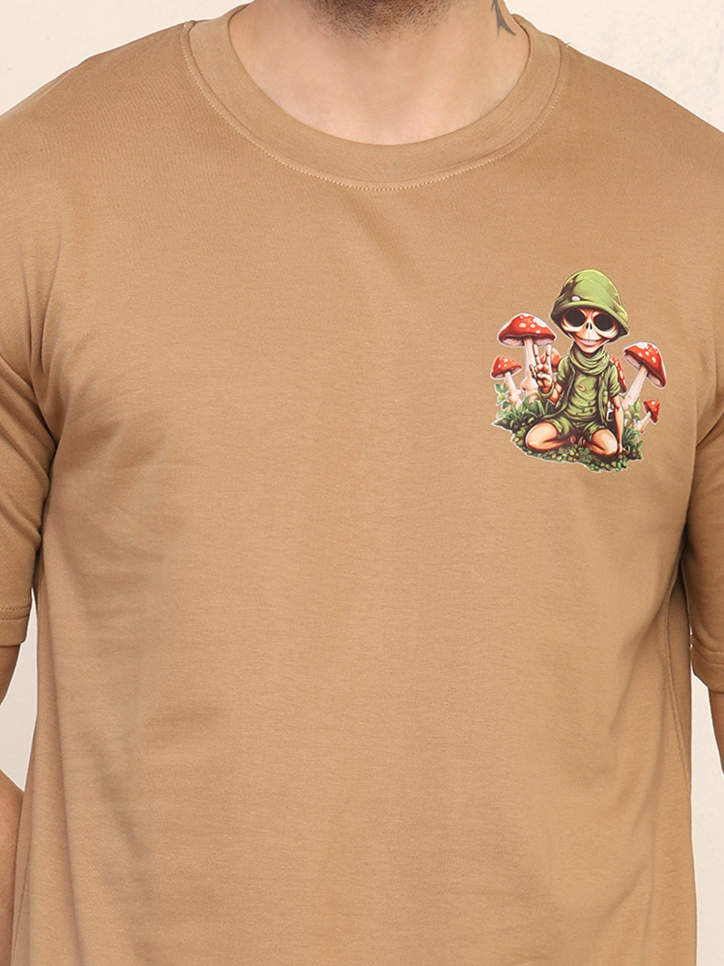 Foxie Skull Mushroom Printed Oversized T-Shirt | Beige