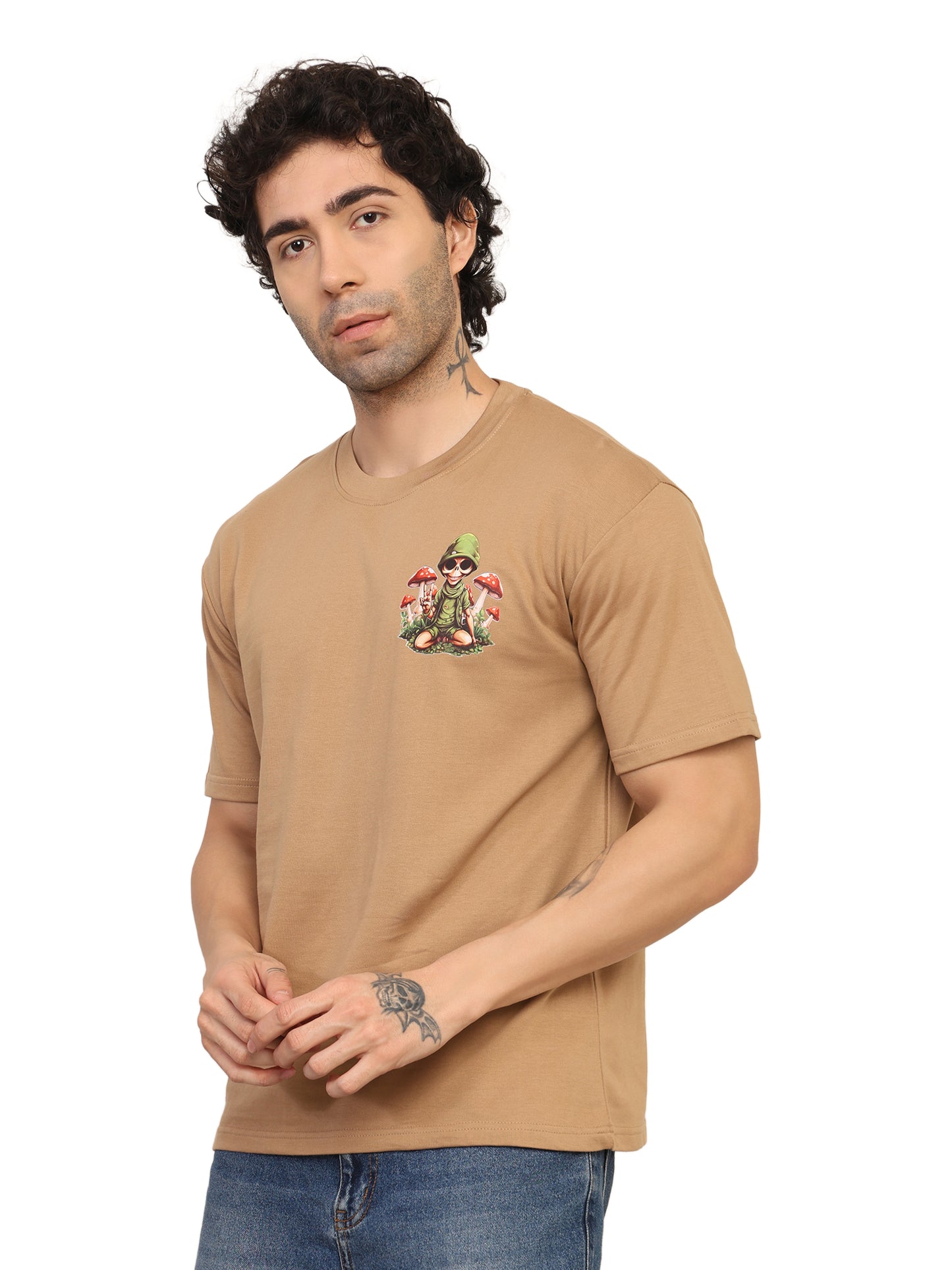 Foxie Skull Mushroom Printed Oversized T-Shirt | Beige