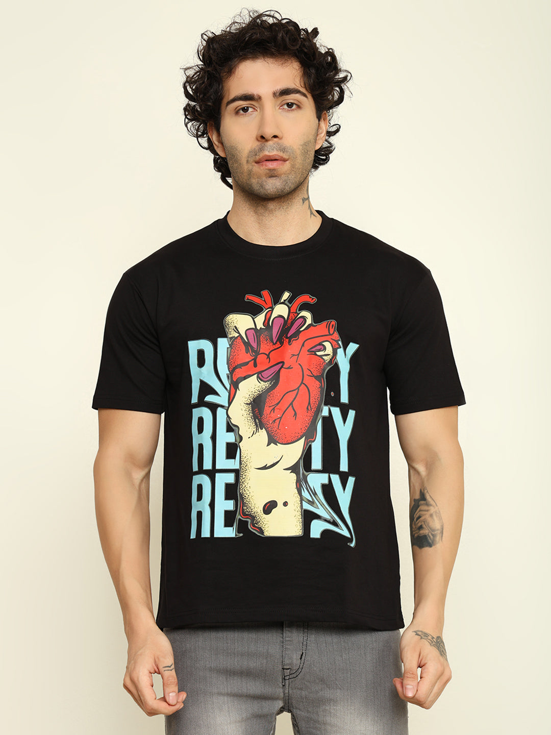 Foxie Red Heart Printed Oversized T-shirt | Black