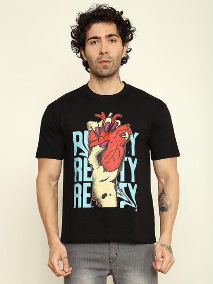 Foxie Red Heart Printed Oversized T-shirt | Black