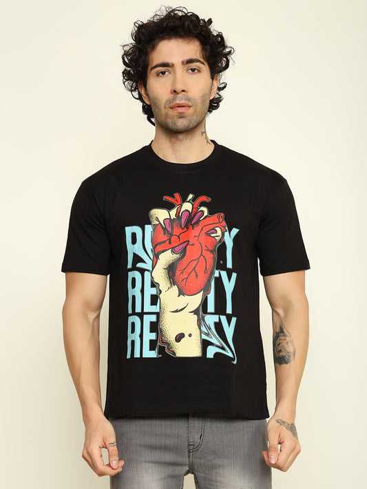 Foxie Red Heart Printed Oversized T-shirt | Black