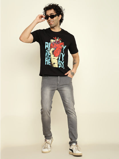 Foxie Red Heart Printed Oversized T-shirt | Black